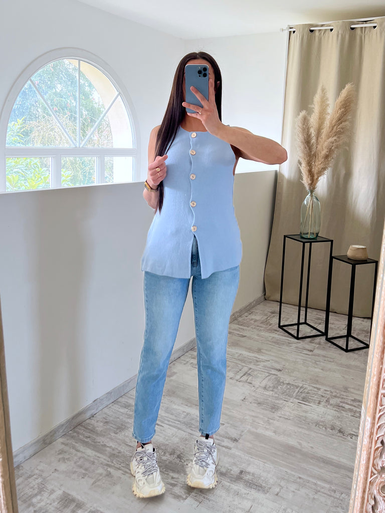 Top Maille Boutons Dorés Sans Manches Bleu Ciel