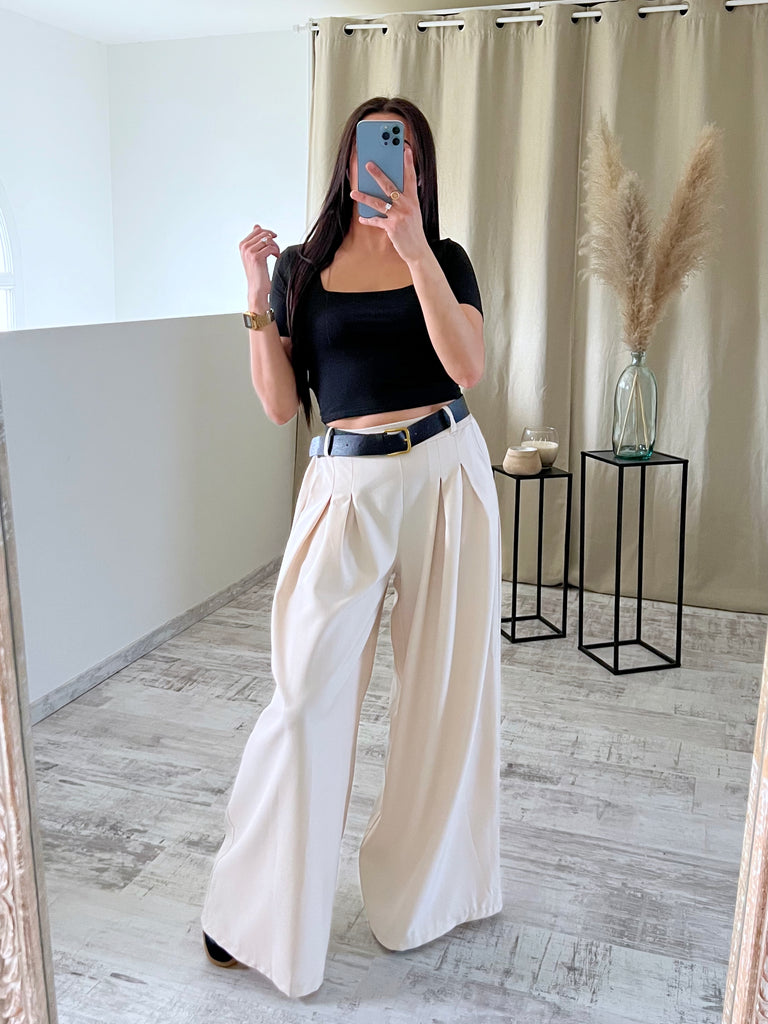 Pantalon Ample À Ceinture Beige