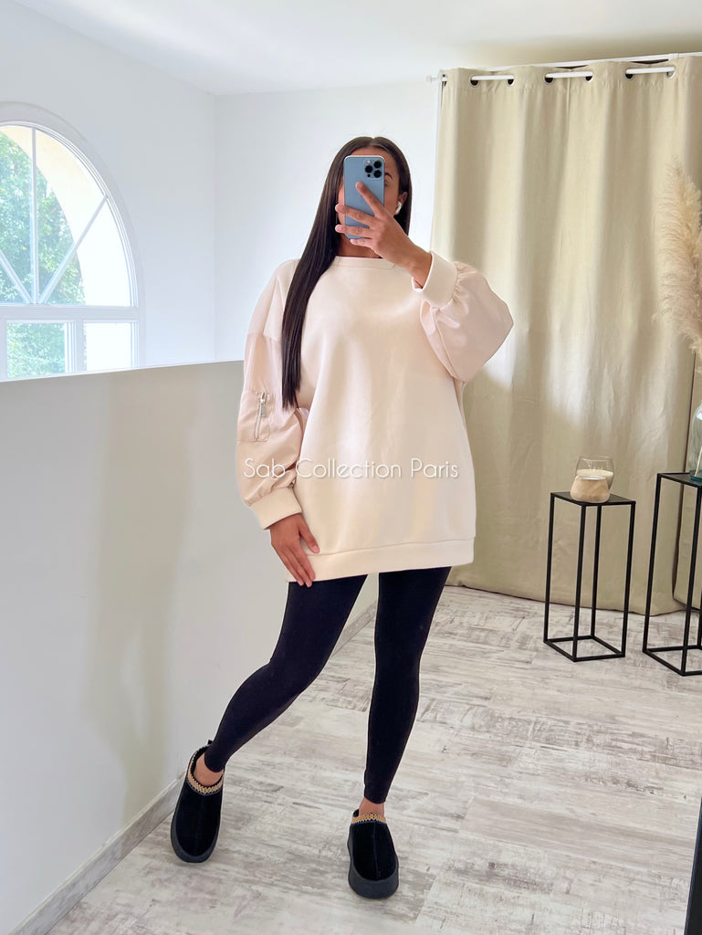 Sweat Bi Matière À Zip Beige