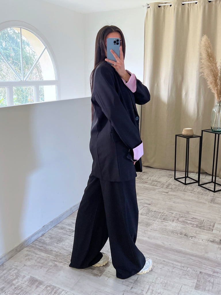 Ensemble Blazer/Pantalon Revers Noir/Rose