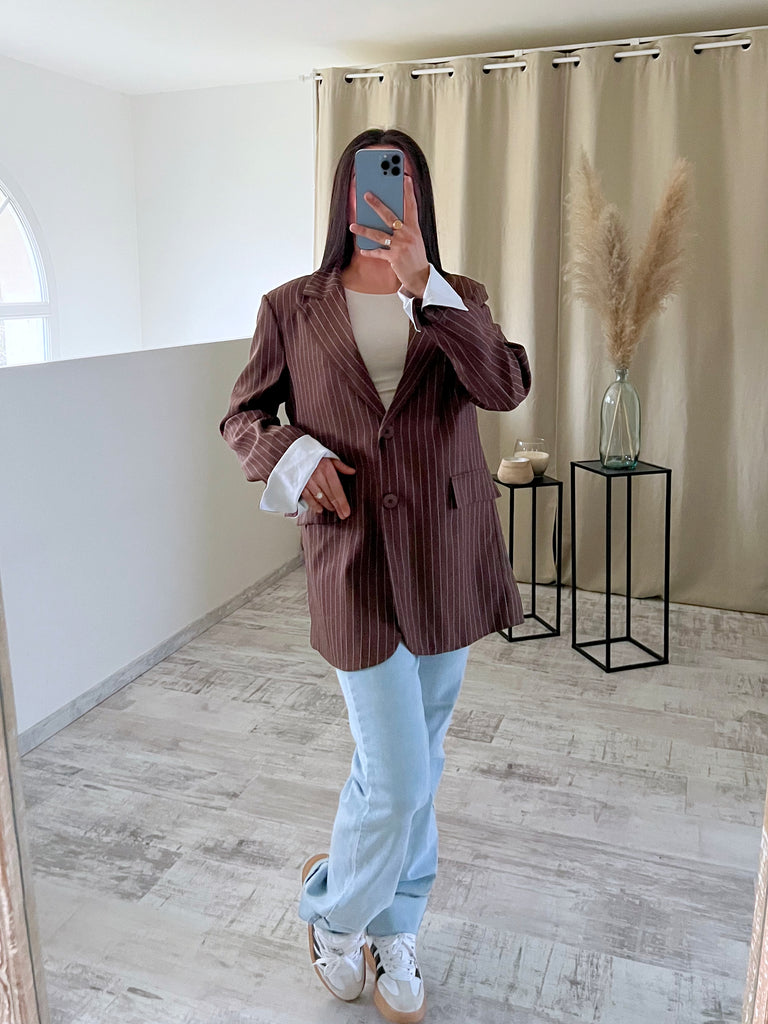 Blazer Manches Revers Rayures Marron