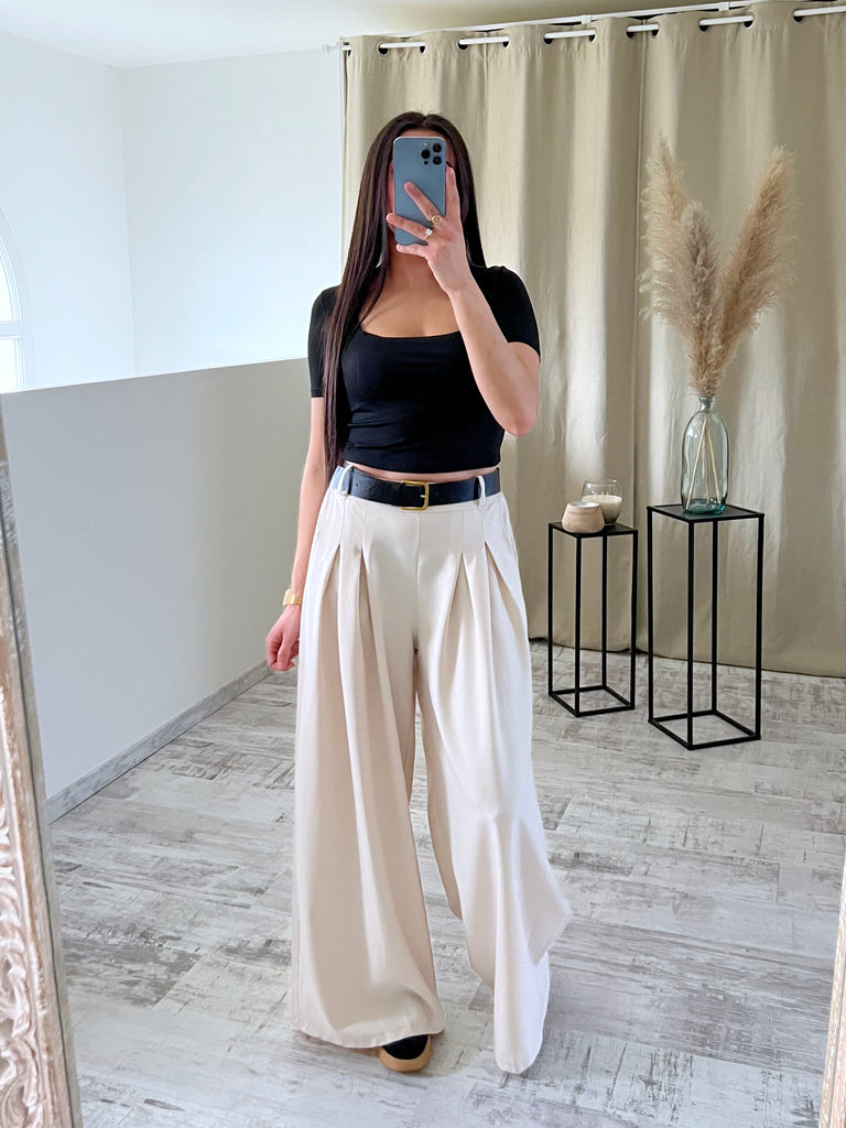 Pantalon Ample À Ceinture Beige