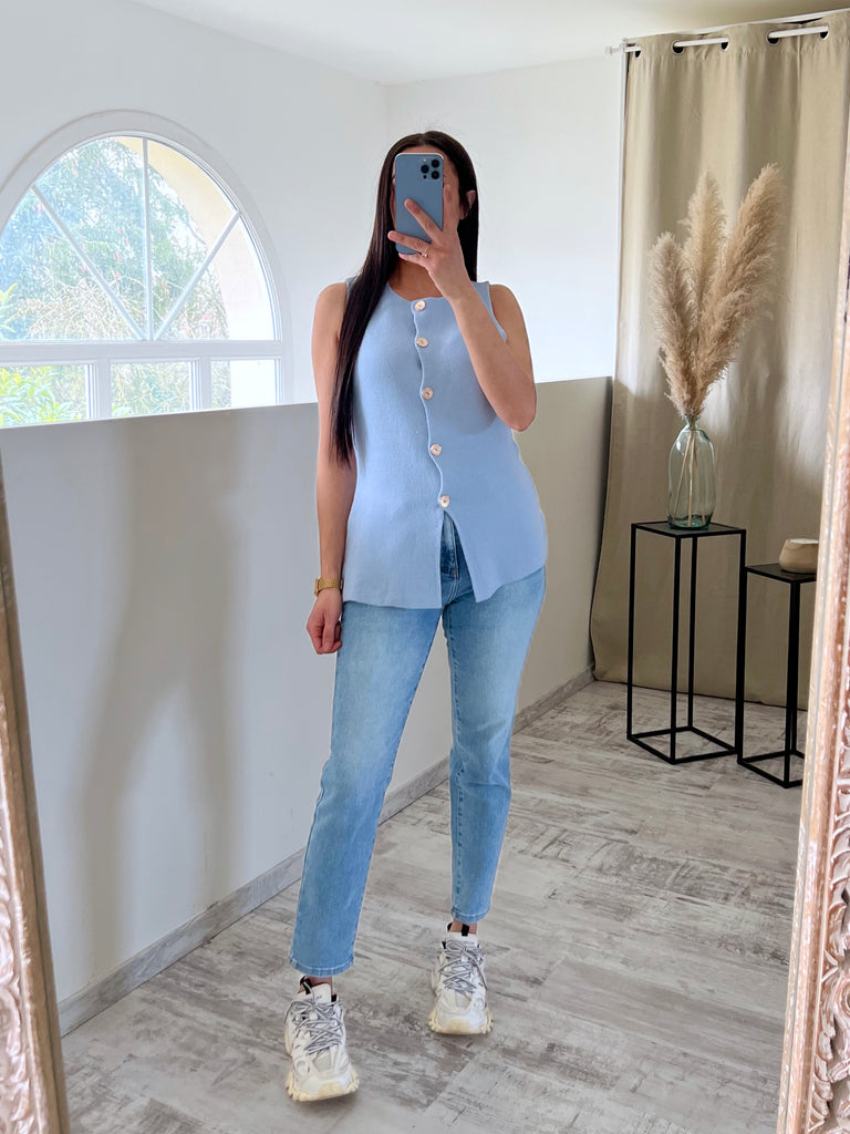 Top Maille Boutons Dorés Sans Manches Bleu Ciel