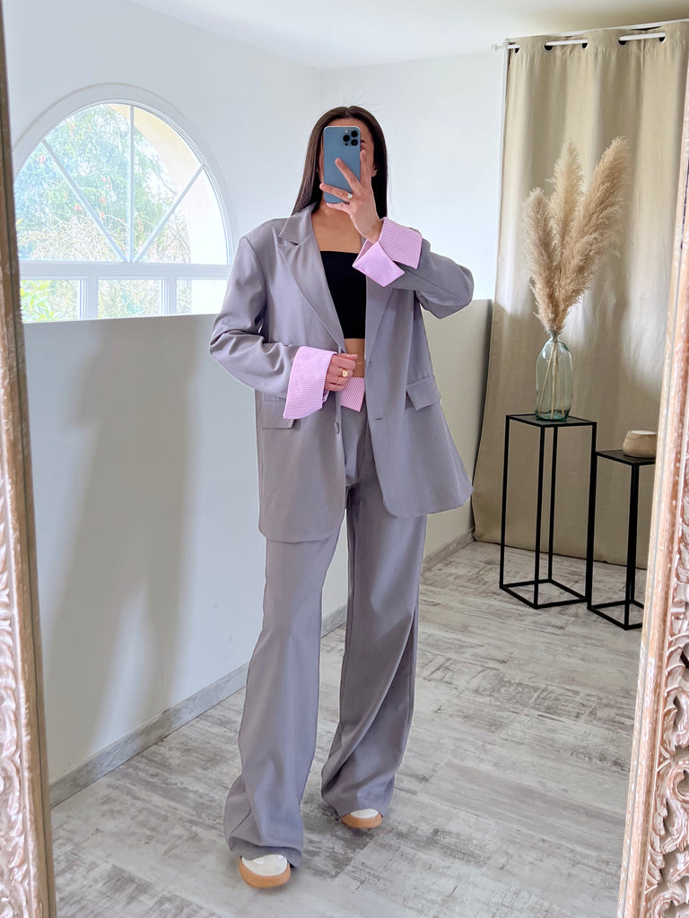 Ensemble Blazer/Pantalon Revers Gris/Rose