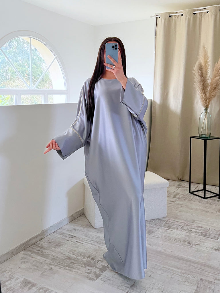 Abaya Satin Bordures Dorés Gris