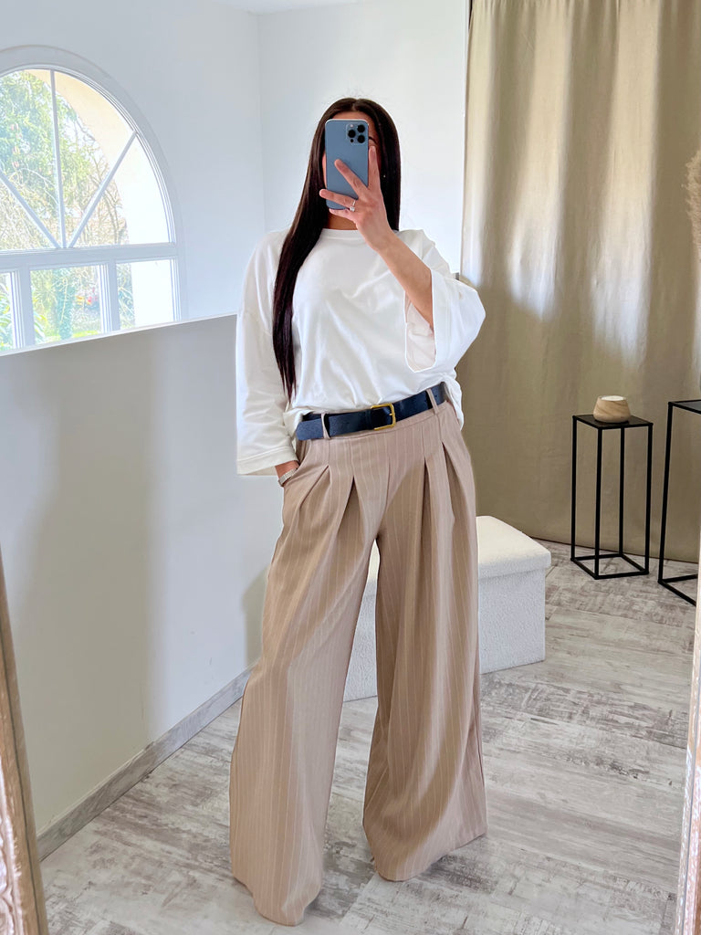 Pantalon Ample À Ceinture Rayé Taupe