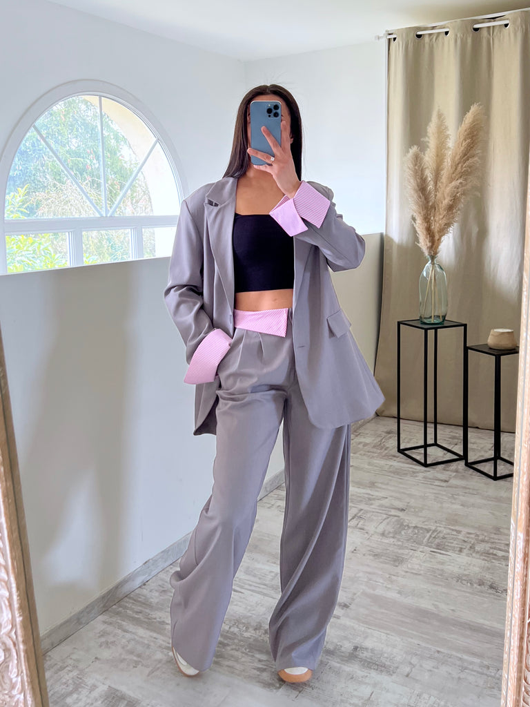 Ensemble Blazer/Pantalon Revers Gris/Rose