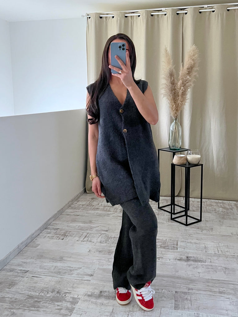 Ensemble Maille Sans Manches Gris Foncé