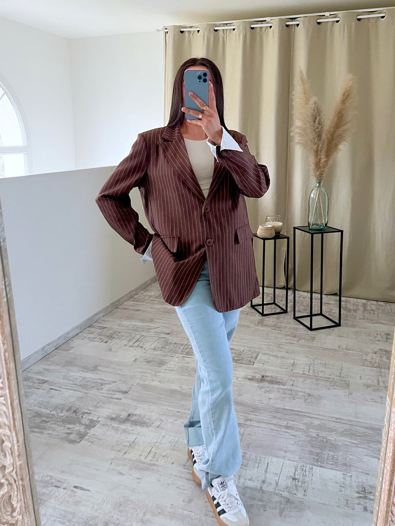 Blazer Manches Revers Rayures Marron