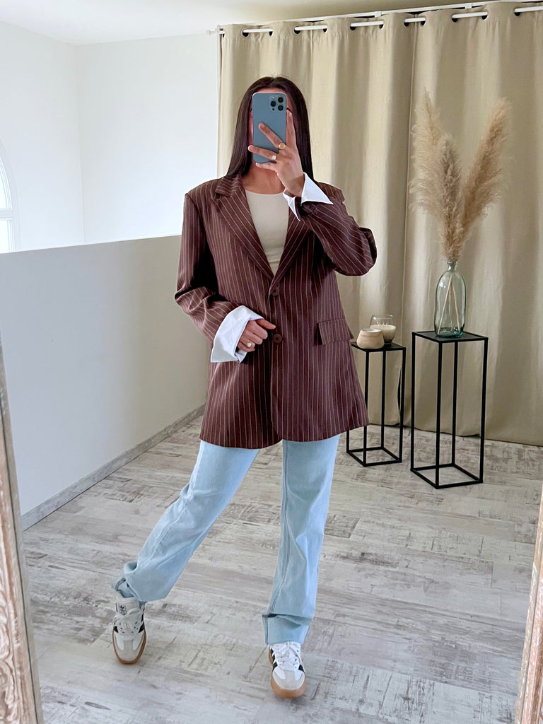 Blazer Manches Revers Rayures Marron